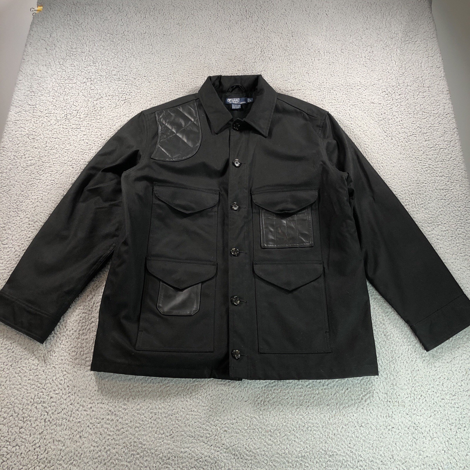Polo Ralph Lauren Jacket Adult L Black Oiled Waxed Canvas Shooting Leather Chore